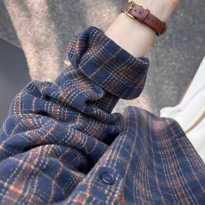 磨毛棉格子衬衫2025新款女复古感衬衣内搭叠穿上衣秋冬薄外套