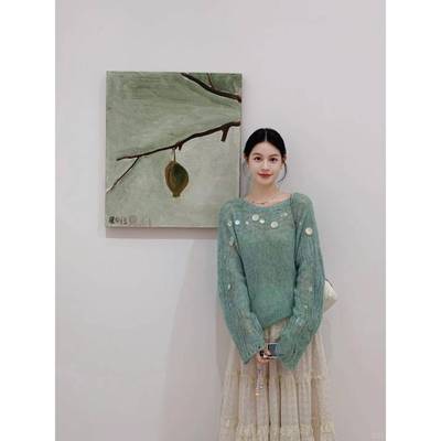 chao软糯！设计感领口亮片薄荷绿马海毛针织衫毛衣女早秋镂空上衣