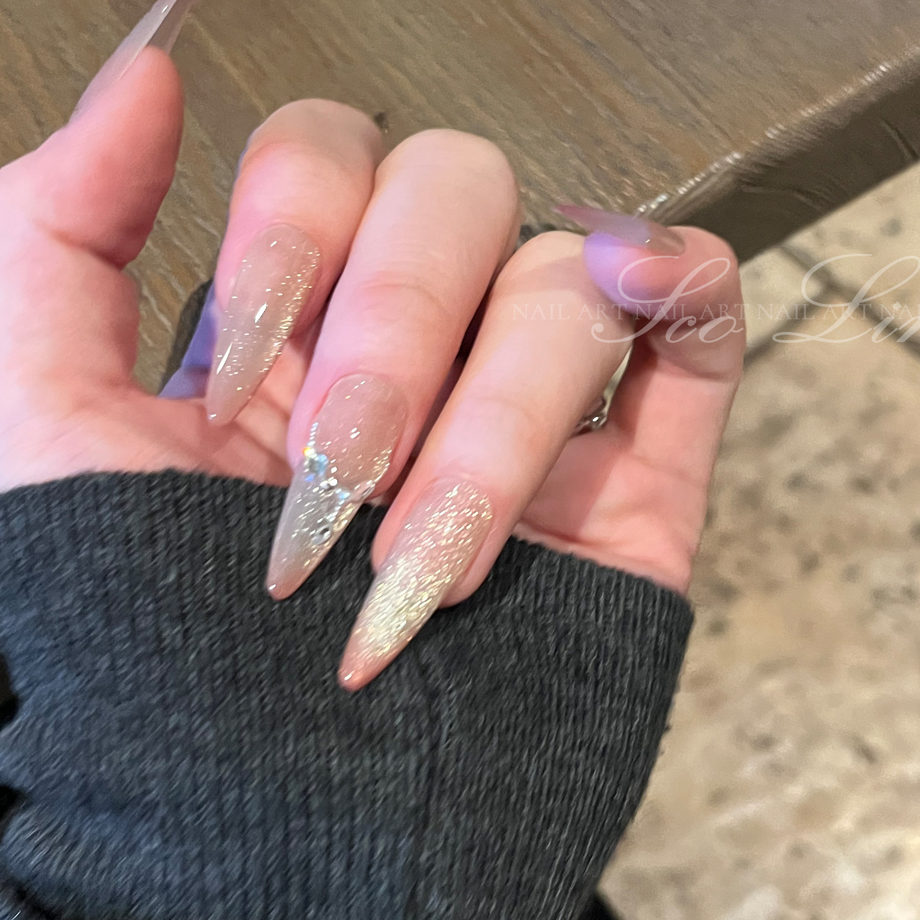 金猫眼手工定制美甲长水滴穿戴甲