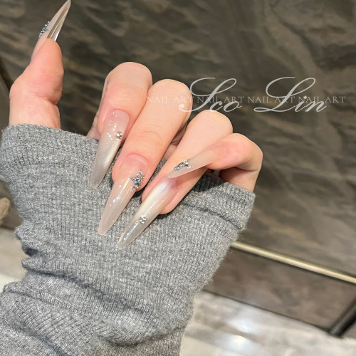 ScoLin【水光碎冰冰】施华洛蓝星猫眼裸色 手工定制细狗尖穿戴甲