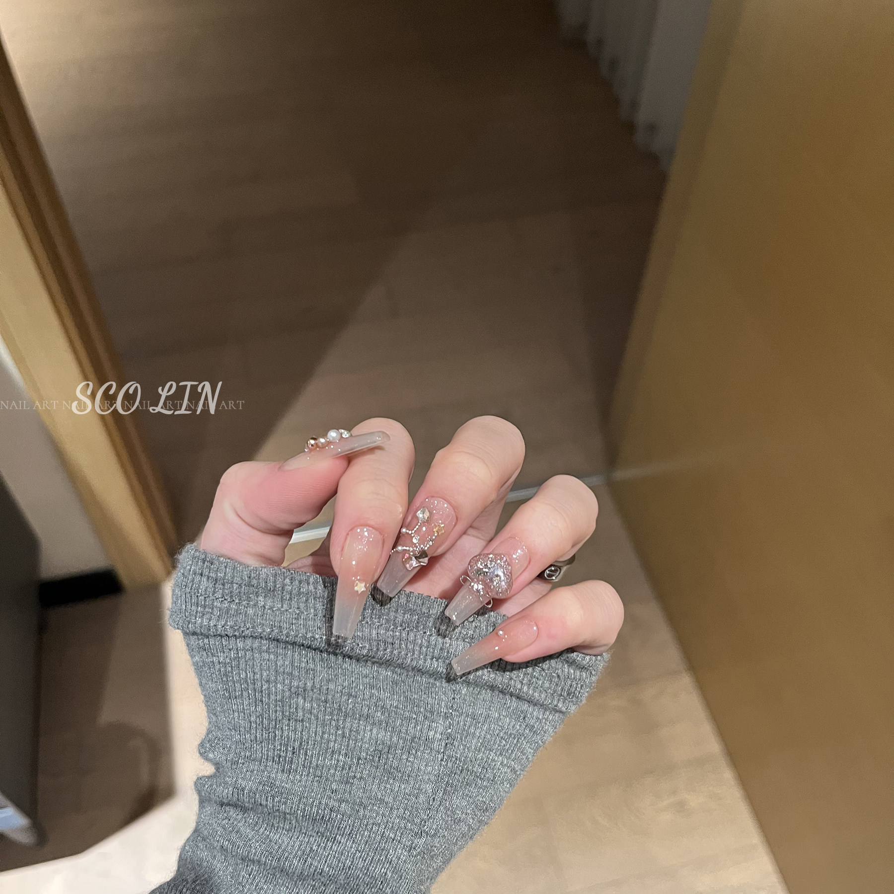 ScoLin【粉色少女心】手工定制美甲施华洛腮红爱心长芭蕾穿戴甲