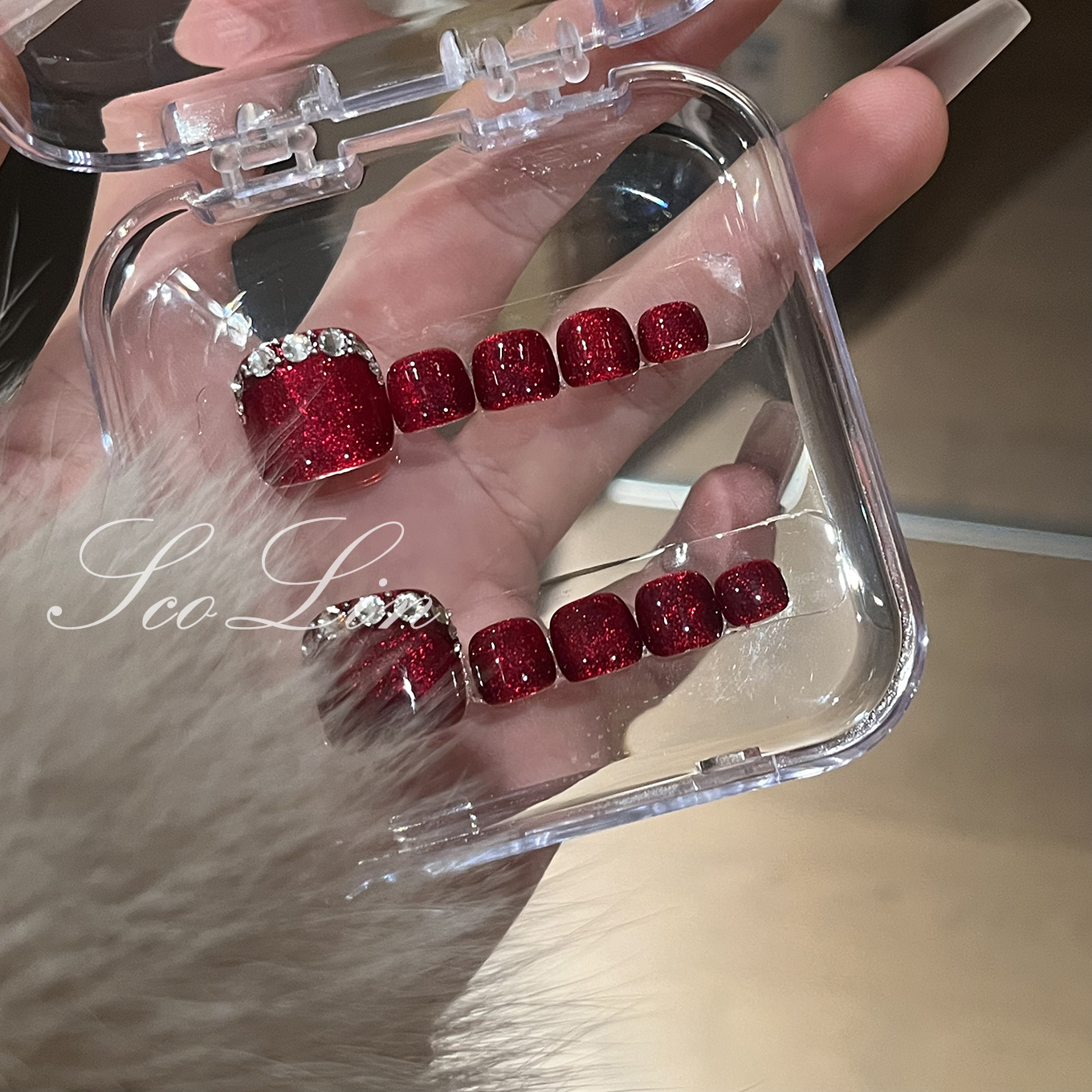 ScoLin【柔光】手工定制穿戴甲施华洛新年红色显白猫眼脚脚美甲