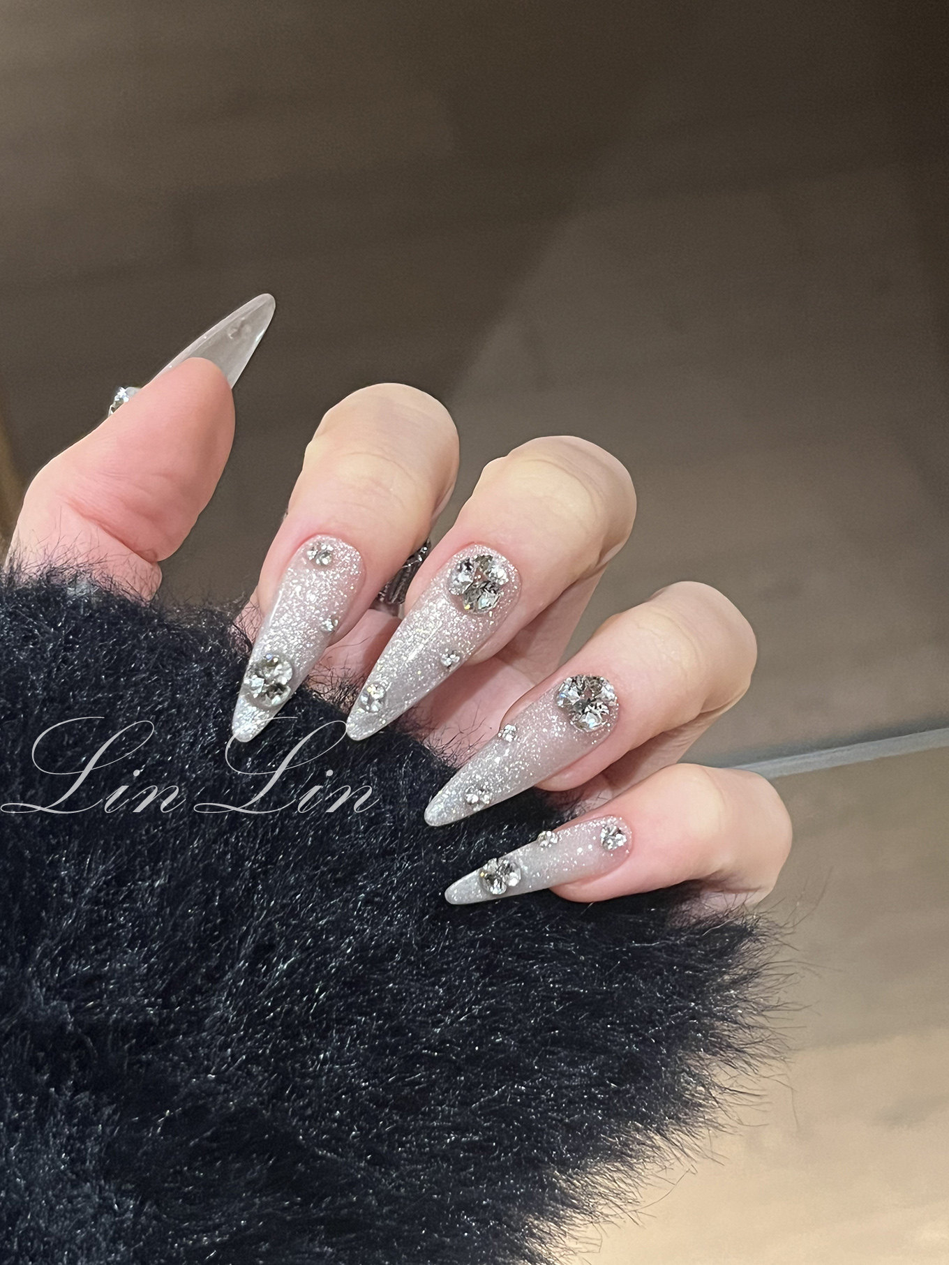 ScoLin【暮光】手工定制穿戴甲 全华 爆闪水晶猫眼钻球长水滴美甲