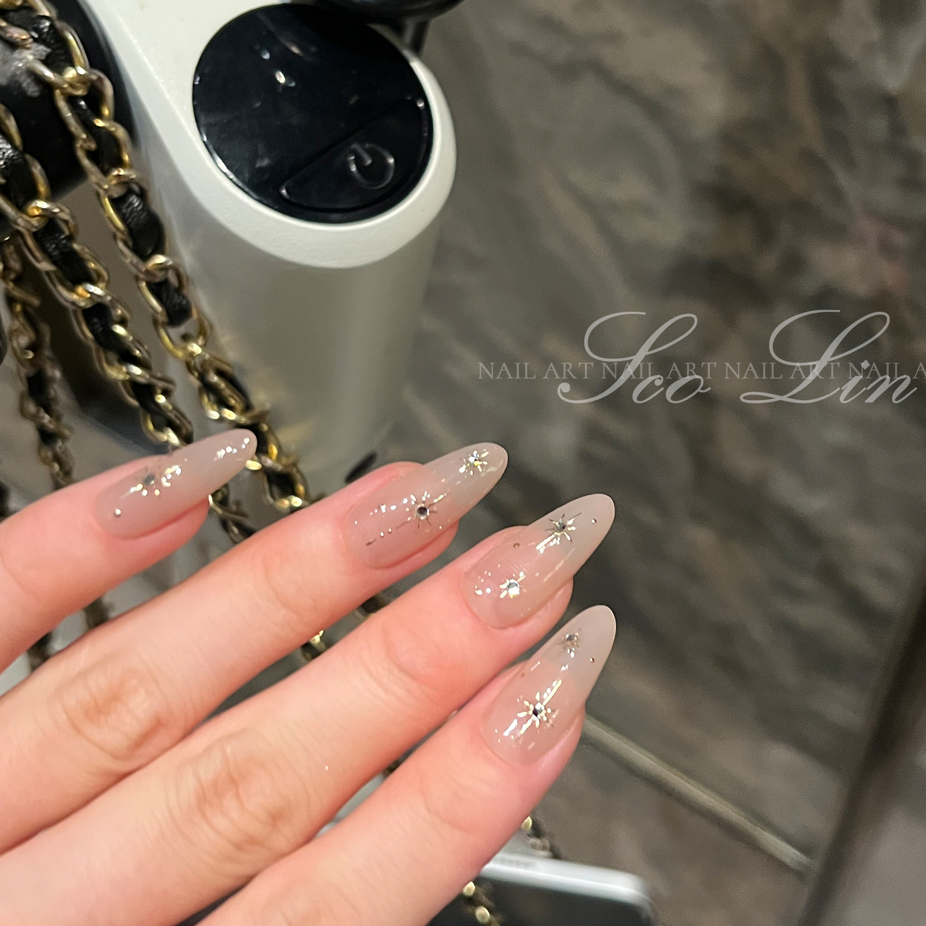 裸色星星施华洛手工中椭圆穿戴甲