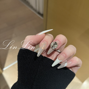 LinLin【奶油】手工定制美甲东洲钻球高位法式 闪底长水滴穿戴甲