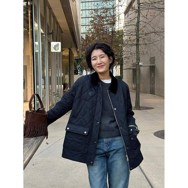 浪清 巴恩风外套灯芯绒翻领绗缝菱格棉服女冬季工装棉袄夹克棉衣