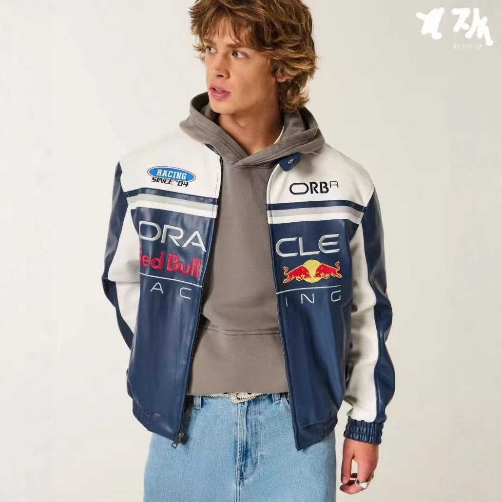现货Vintage 2025新款F1红牛联名同款赛车服皮衣重工刺绣机车外套