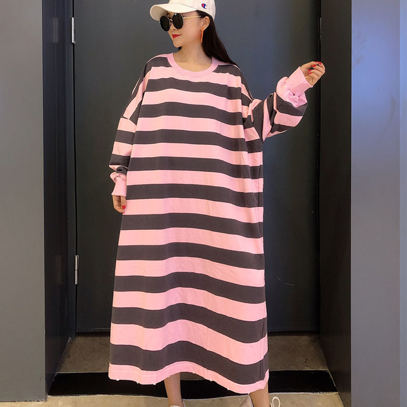 鲁可鲁可2019秋季新款粗条纹大码T恤女长款过膝休闲宽松套头上衣