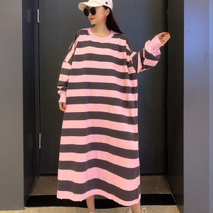 T恤女长款 粗条纹大码 过膝休闲宽松套头上衣 新款 鲁可鲁可2019秋季