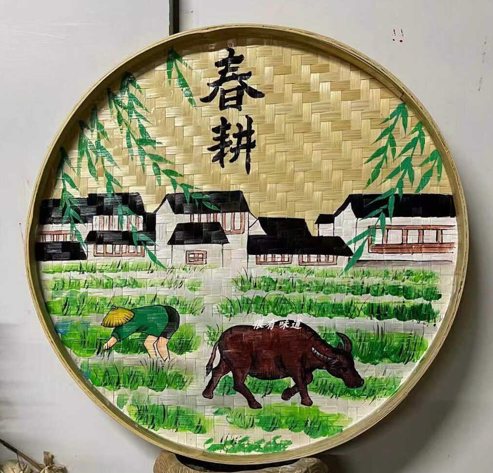 手绘簸箕画竹编筛子画背景墙手工装饰美丽乡村农耕文化农家乐挂件