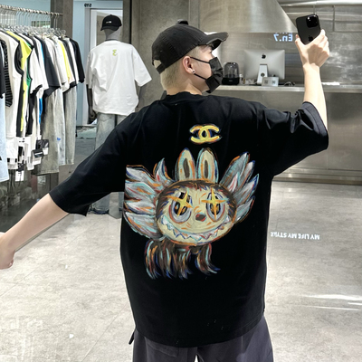 潮牌夏季重磅330g短袖T恤男国潮拉布布手绘卡通涂鸦宽松情侣半袖t