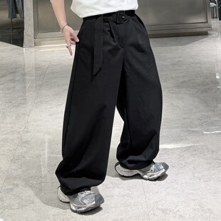 纯色腰带宽松青年保暖弯刀阔腿裤 男韩版 潮 加厚直筒休闲裤 潮牌冬季