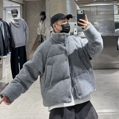 潮牌冬季立领羽绒服男ins韩版纯色羊毛加厚宽松青年保暖面包服潮