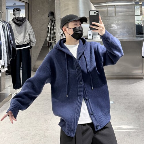 潮牌冬季连帽针织开衫男韩版纯色结构宽松青年百搭保暖毛衣外套潮