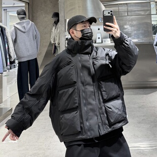 拼接拉链宽松青年保暖帅气鹅绒外套 工装 潮牌冬季 立领鹅绒服男韩版