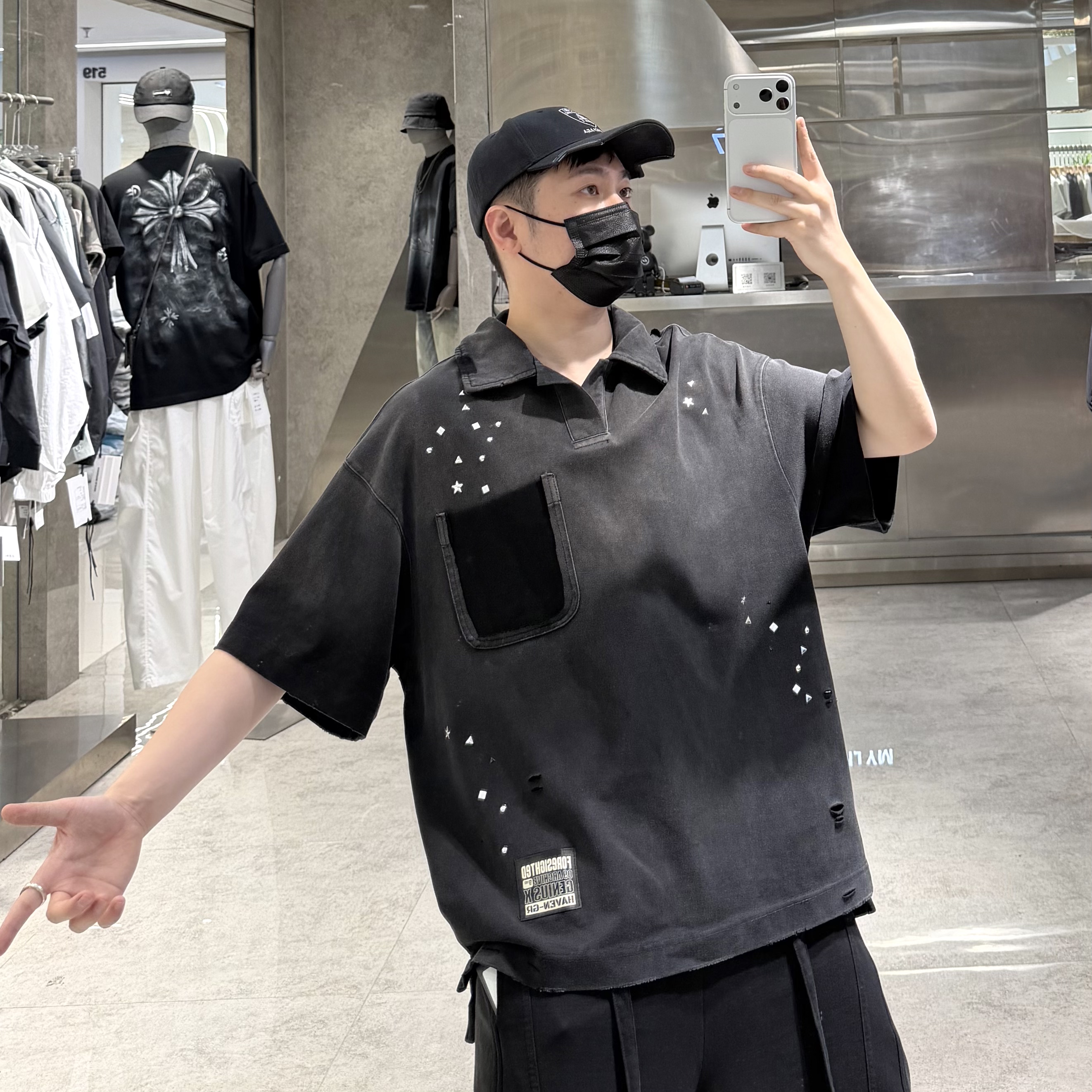 潮牌夏季重磅翻领短袖T恤男美式水洗做旧磨破宽松青年Polo半袖潮t