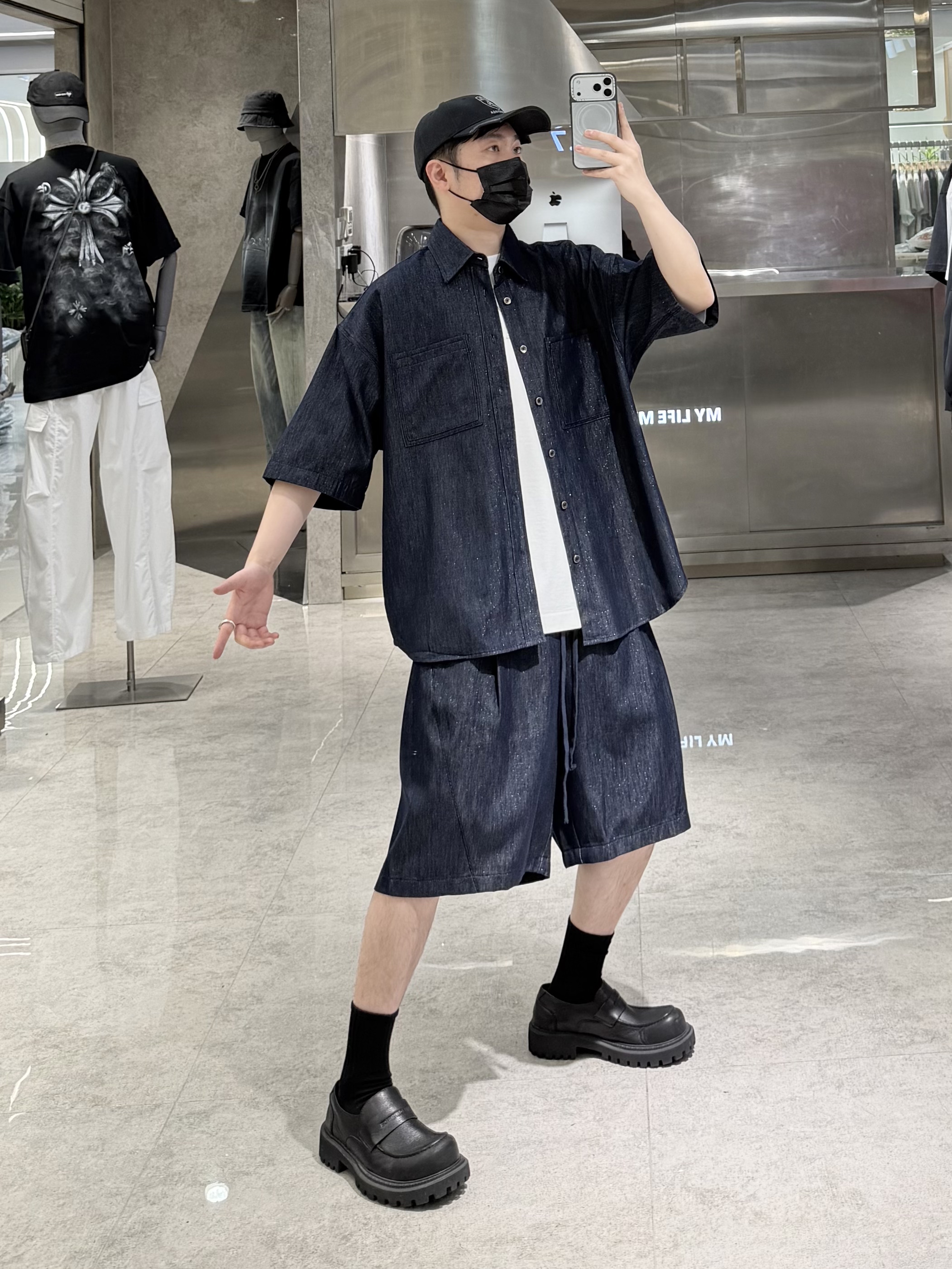 潮牌夏季牛仔色套装男韩版水洗复古闪银宽松青年帅气短裤两件套