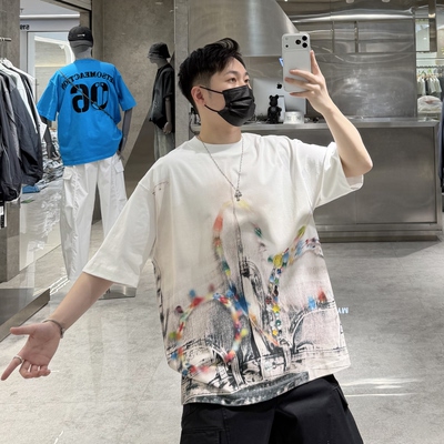 潮牌夏季短袖T恤男ins美式复古做旧涂鸦印花宽松青年帅气情侣半袖