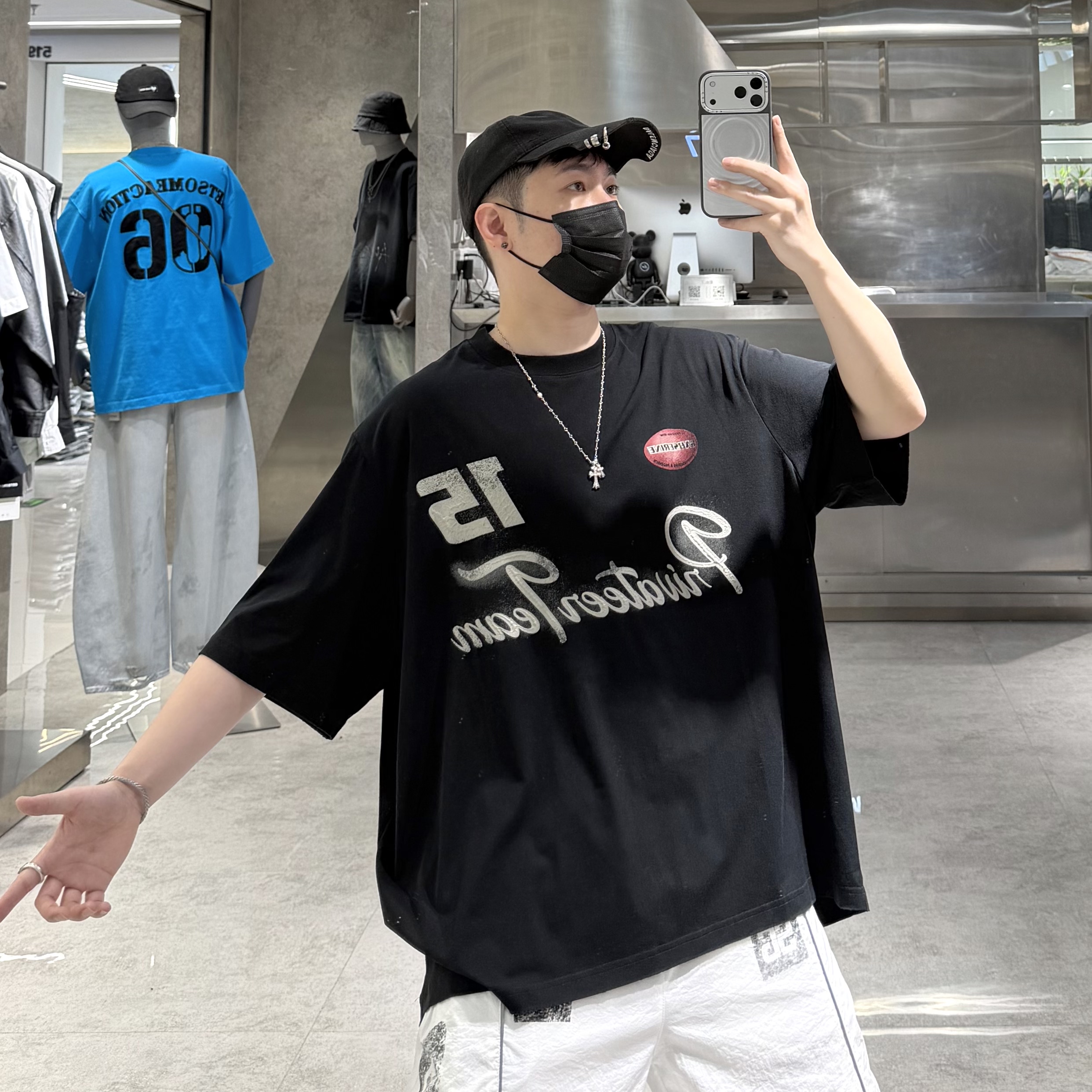 潮牌夏季薄款短袖T恤男ins美式巴黎风字母印花宽松青年垂感半袖T