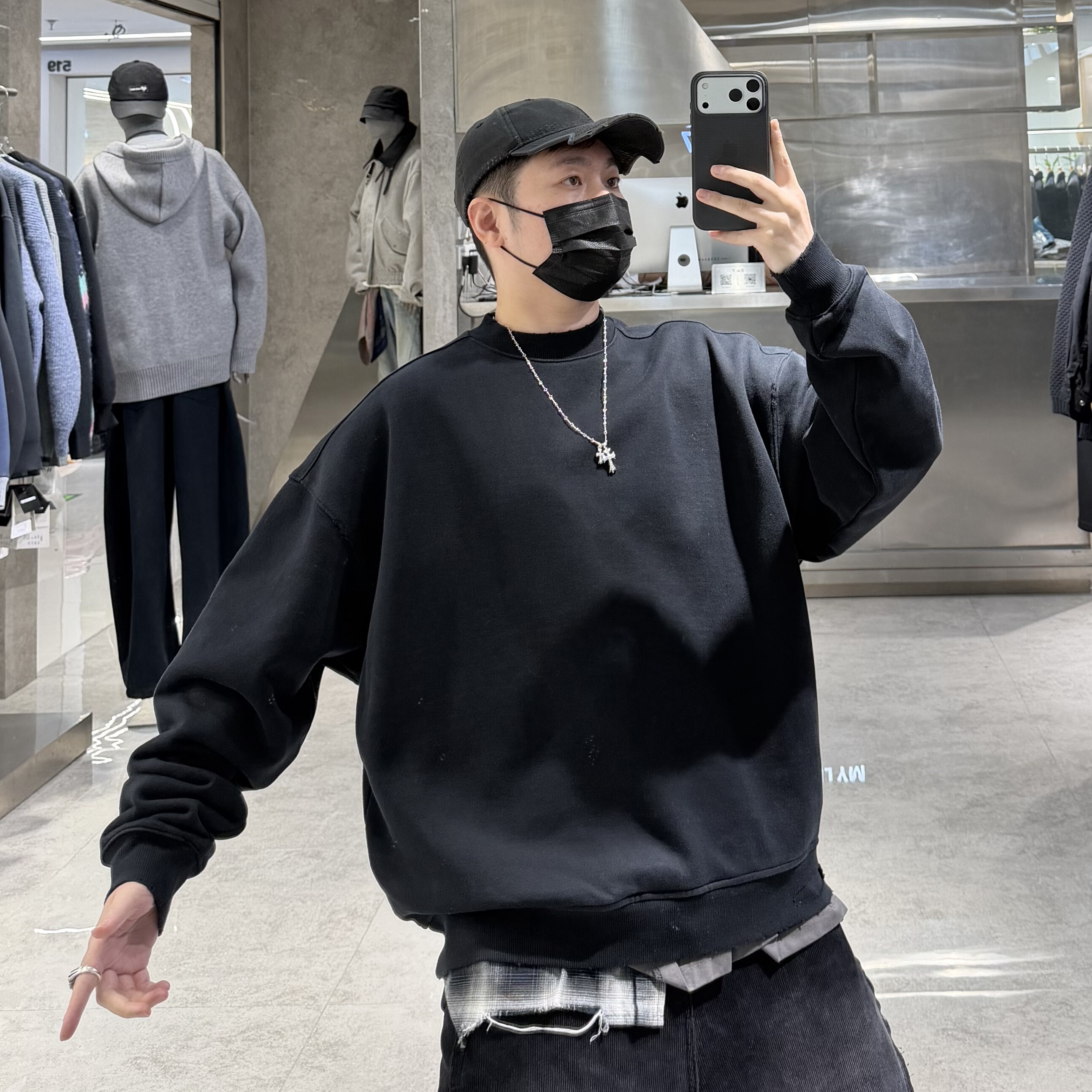 潮牌秋冬重磅圆领卫衣男ins美式假两件复古叠穿宽松青年帅气上衣