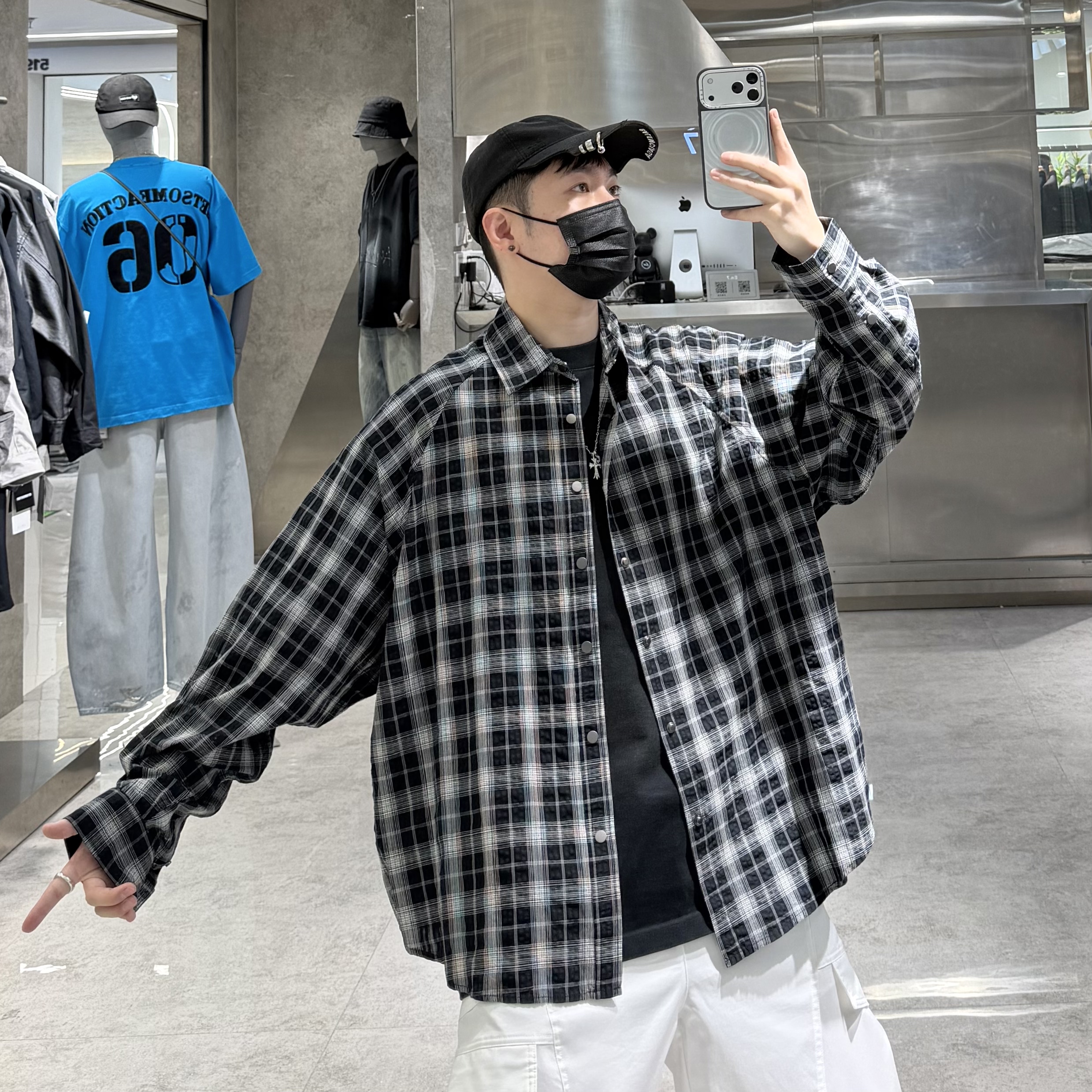 潮牌春夏薄款衬衣外套男ins韩版格纹撞色宽松青年帅气防晒衬衫潮