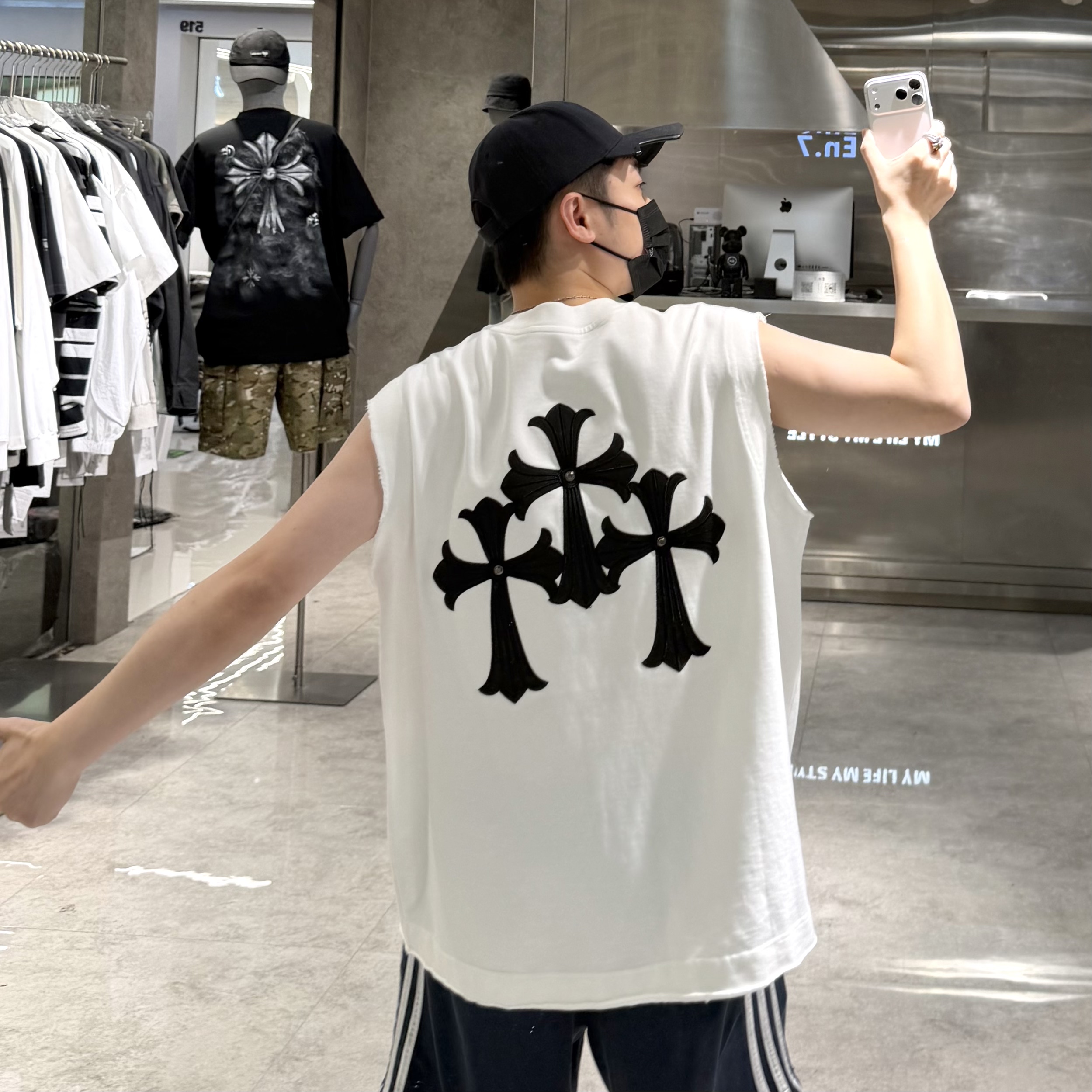 潮牌夏季重磅背心男ins美式十字架刺绣宽松青年痞帅坎肩无袖背心t