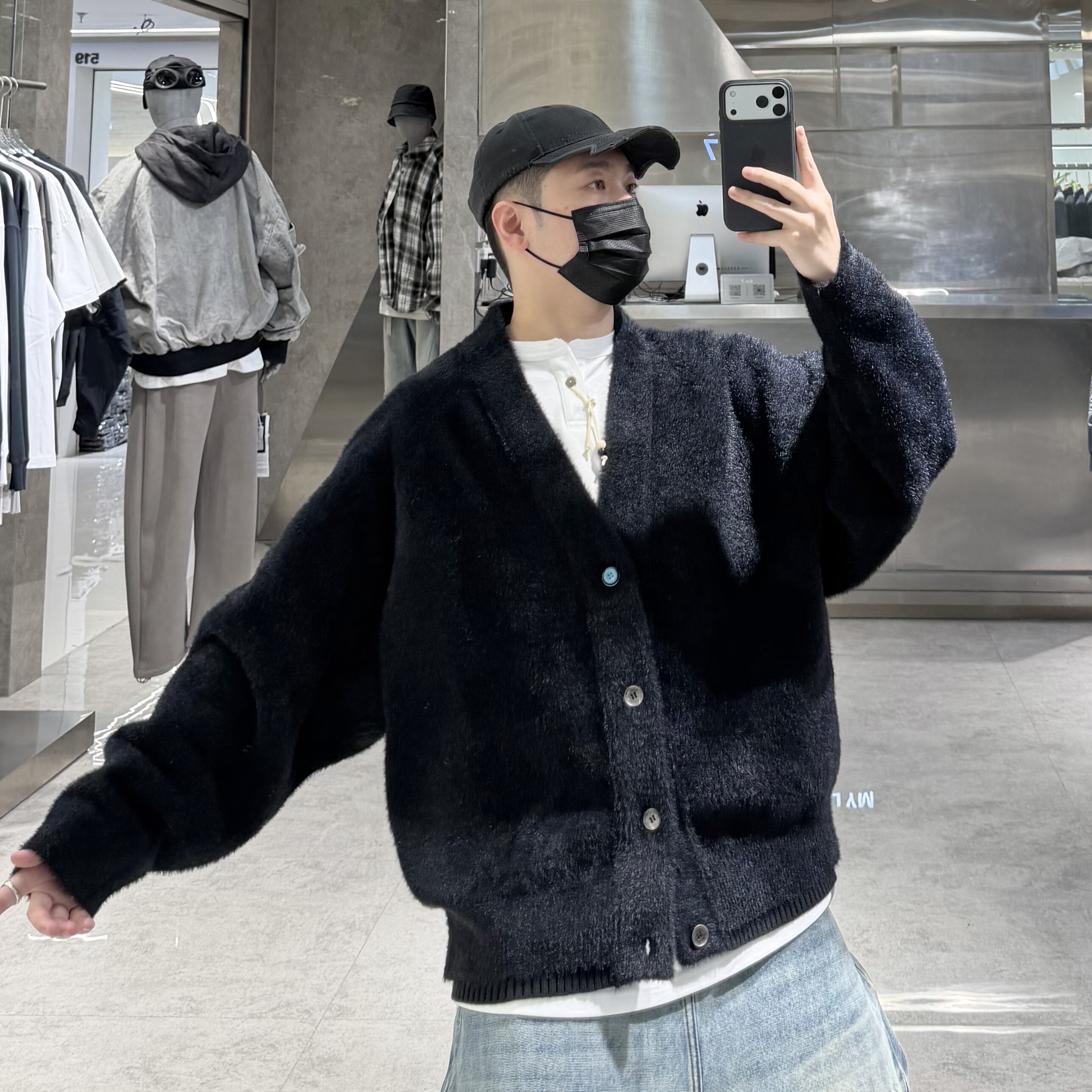 潮牌冬季V领毛衣外套男韩版慵懒风宽松青年帅气羊毛混纺针织开衫