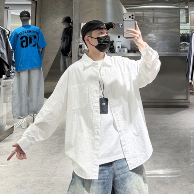 潮牌春夏薄款衬衣外套男ins韩版简约后背字母刺绣宽松青年衬衫潮