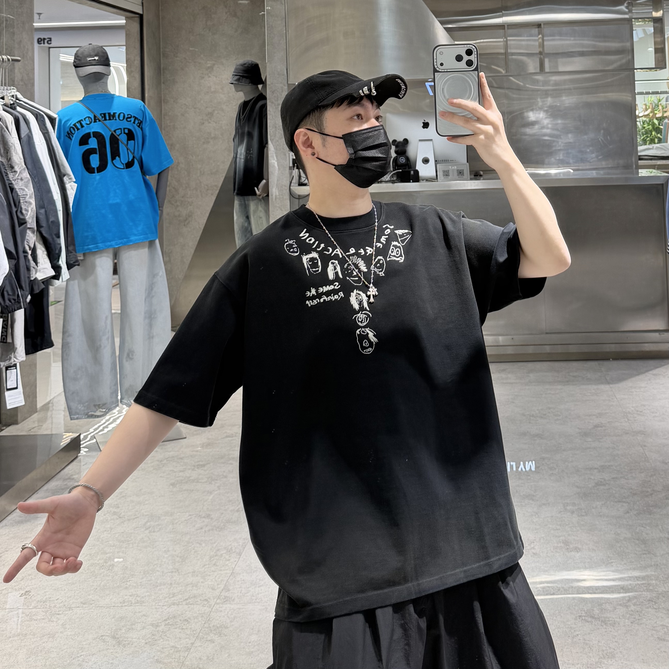 潮牌春夏重磅350g短袖T恤男ins美式复古做旧印花宽松青年渐变半袖