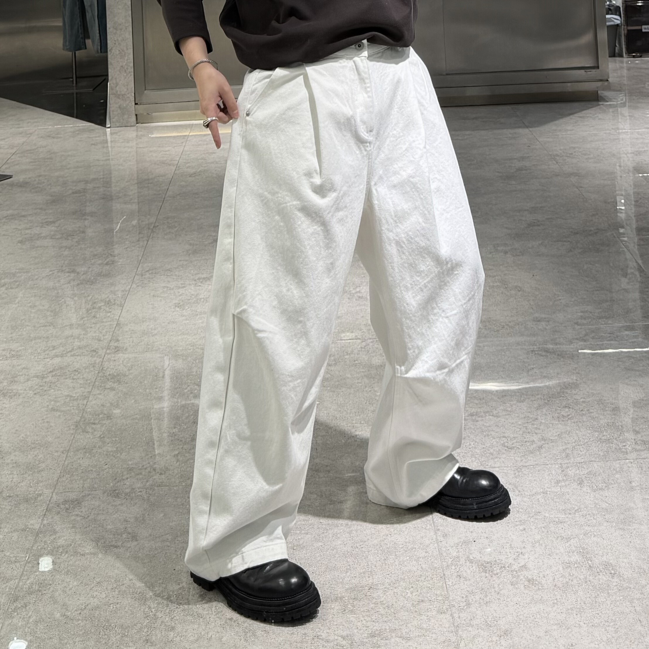 潮牌冬季加厚磨毛牛仔裤男韩版白色宽松青年帅气保暖百搭阔腿裤潮