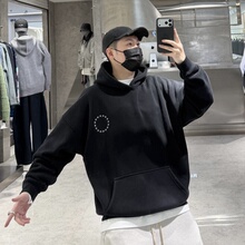 潮牌冬季加绒连帽卫衣男美式复古做旧字母刺绣宽松青年保暖帽衫潮