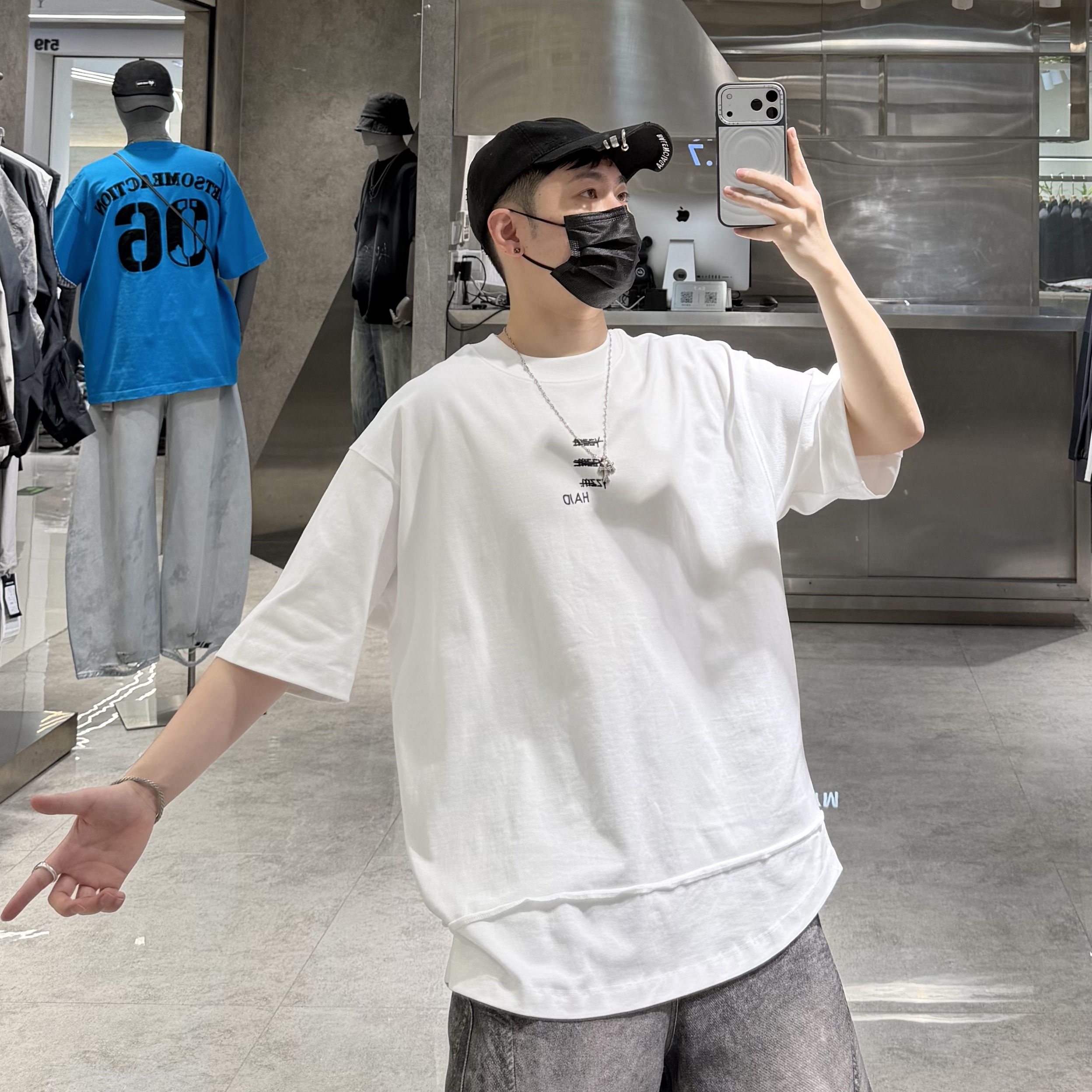 潮牌夏季重磅短袖T恤男ins韩版拼接假两件宽松青年帅气内搭半袖T