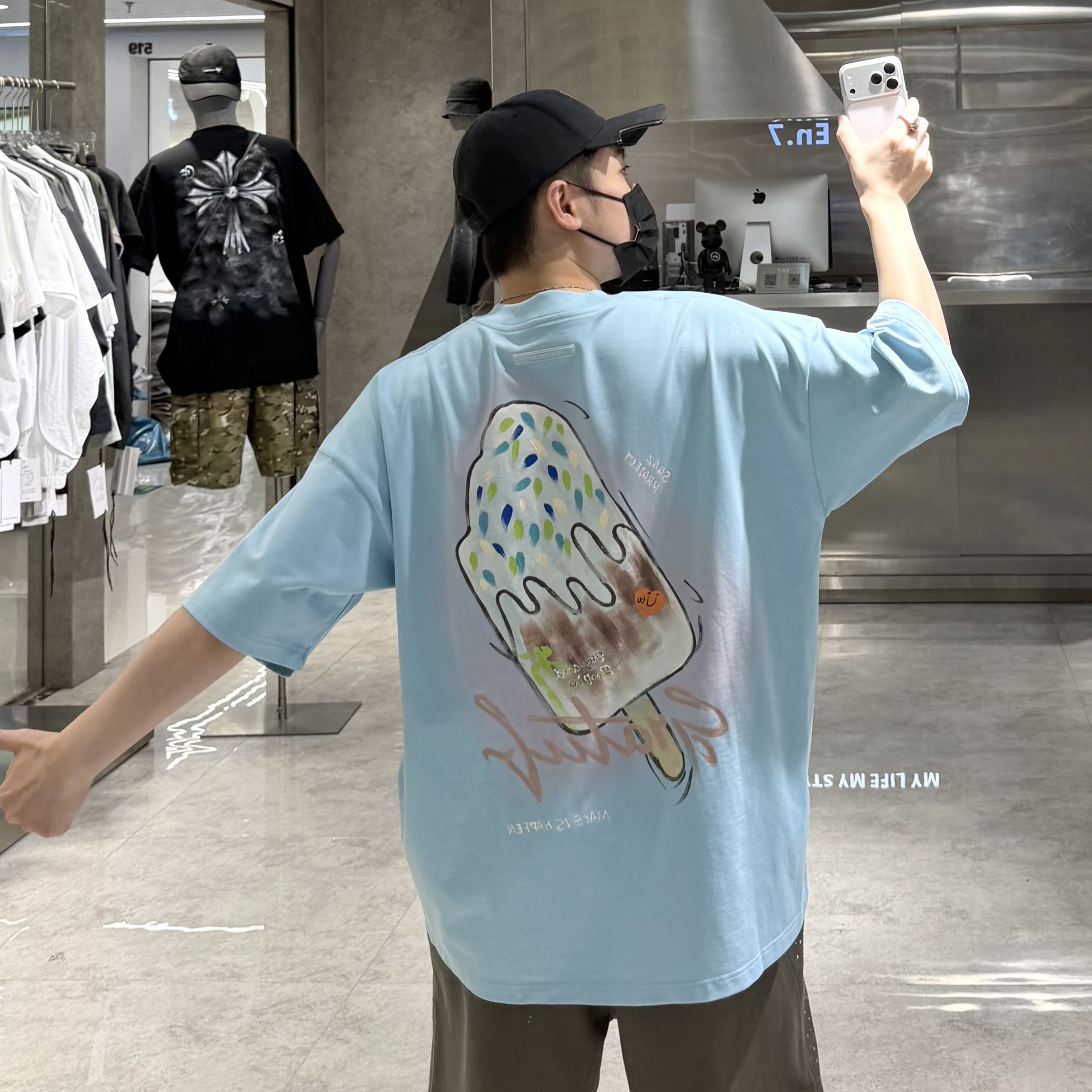 SQ潮牌夏季情侣短袖T恤男ins国潮手绘雪糕字母宽松青年帅气半袖T