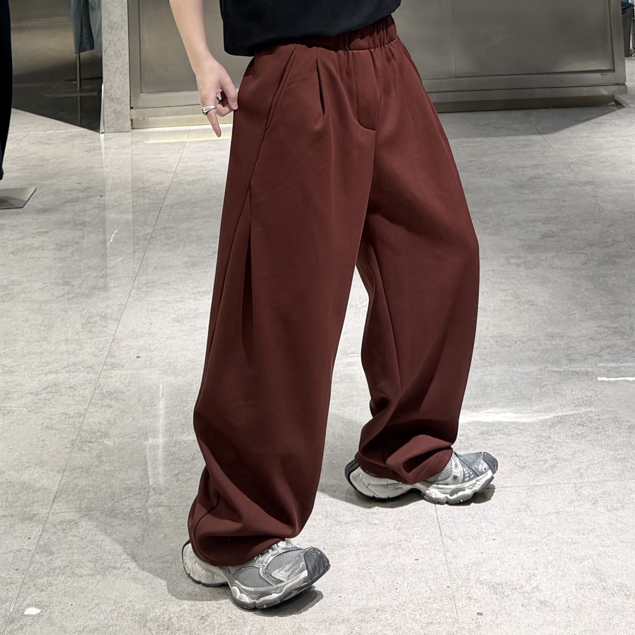 潮牌冬季加绒直筒卫裤男ins韩版纯色结构宽松青年保暖阔腿休闲裤