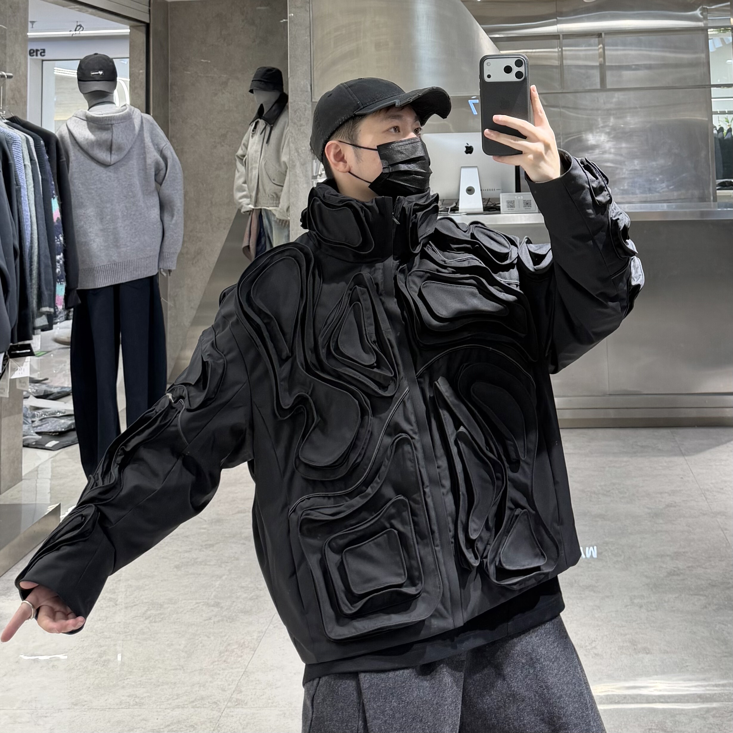 潮牌冬季立领鹅绒服男暗黑系立体纹高级感宽松青年保暖痞帅羽绒衣