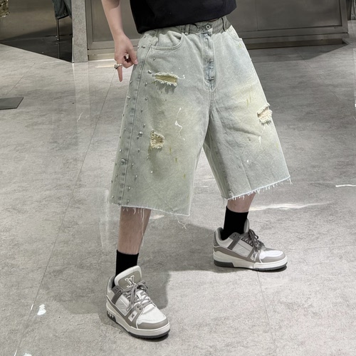 潮牌夏季直筒牛仔短裤男美式水洗做旧磨破珍珠刺绣宽松青年五分裤