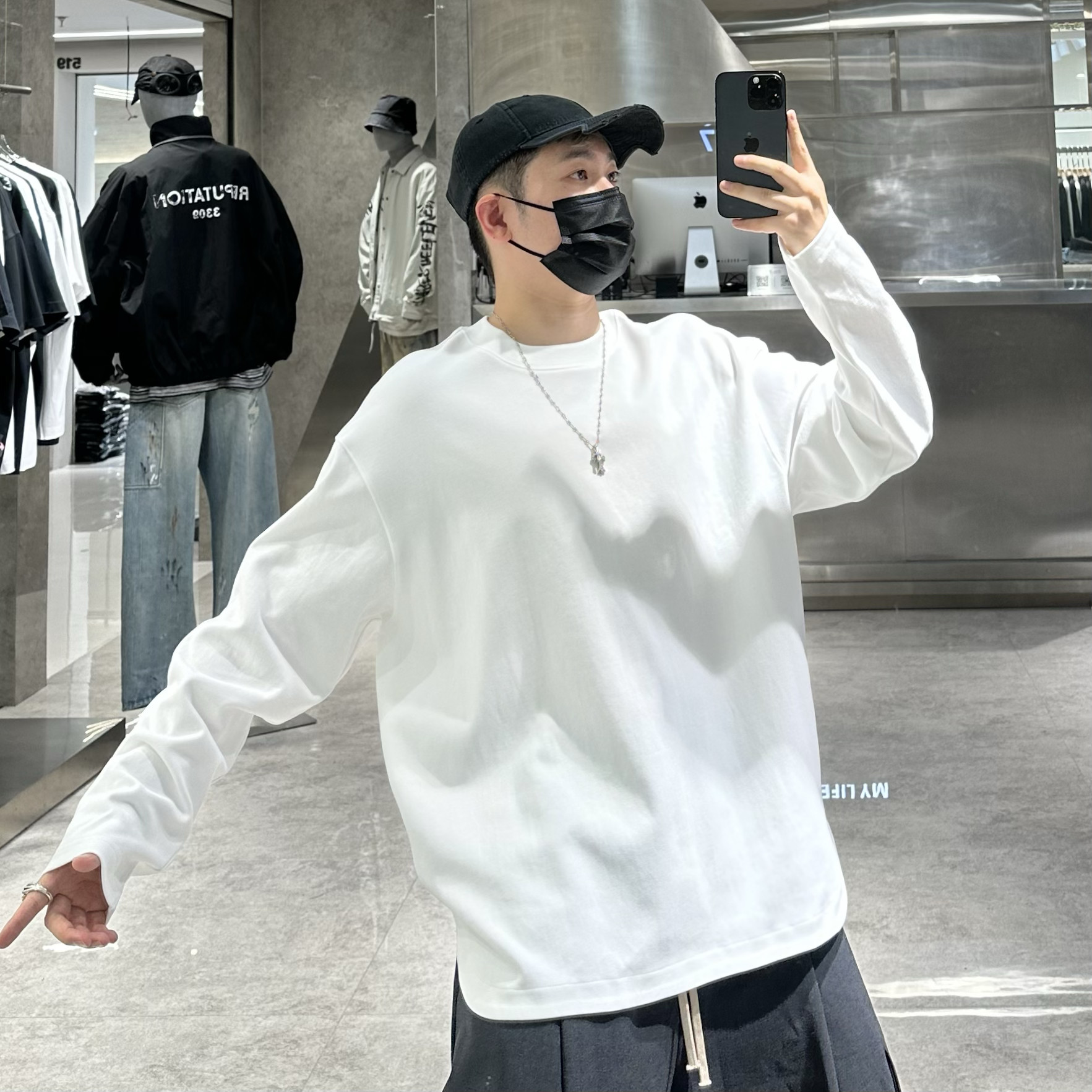 潮牌秋季重磅长袖T恤男ins韩版下摆开衩弧形宽松青年百搭打底衫t