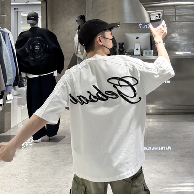 潮牌26春夏重磅短袖T恤男美式字母皮标刺绣破洞宽松青年帅气半袖t