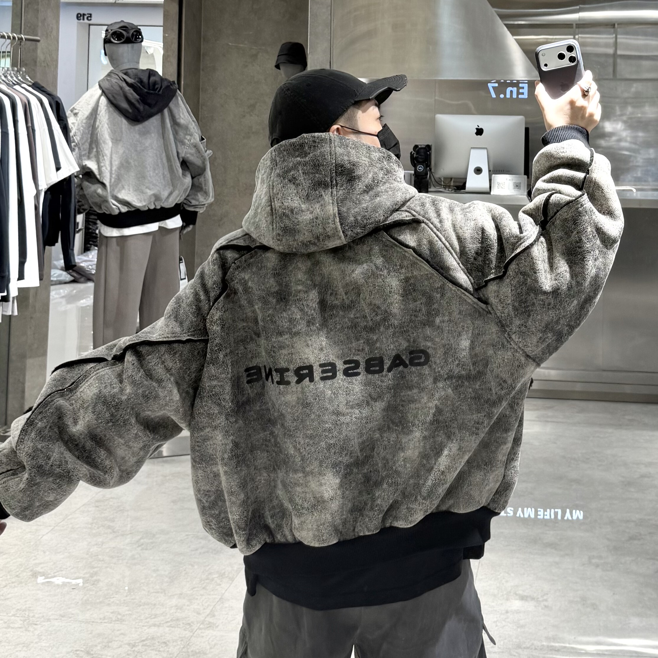 潮牌冬季重磅皮毛一体外套男美式做旧结构宽松青年帅气连帽棉服潮