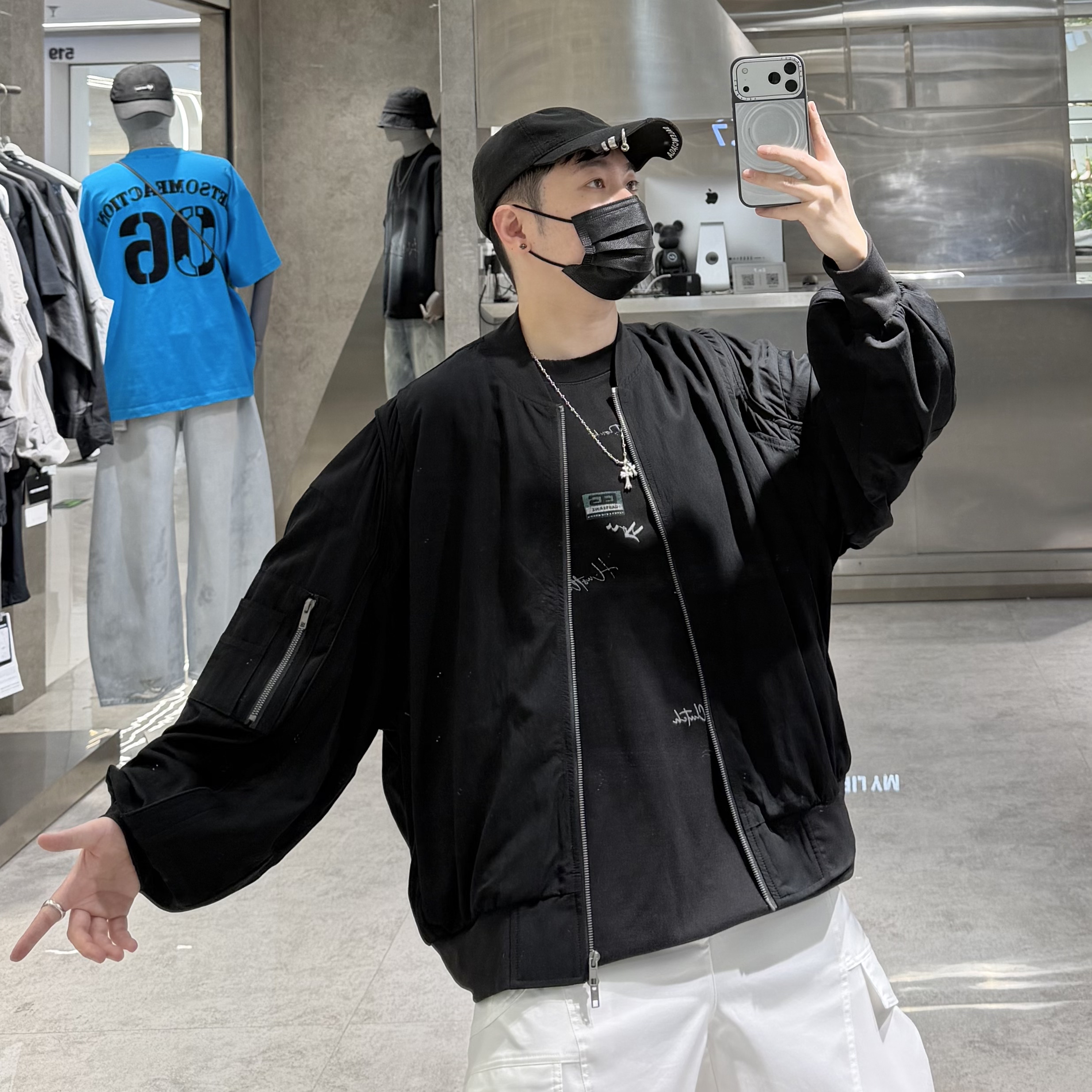 潮牌春夏薄款棒球领夹克男ins韩版纯色结构宽松青年百搭棉麻外套