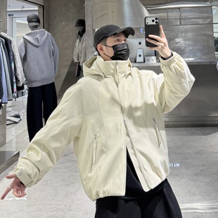 潮牌冬季 结构拼接宽松青年保暖防风90白鸭绒外套 连帽羽绒服男韩版