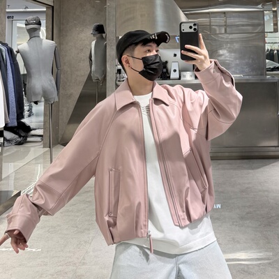 潮牌26春季pu皮翻领外套男ins韩版复古纯色宽松青年帅气皮衣夹克