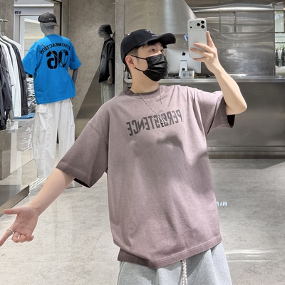 潮牌夏季重磅短袖T恤男ins美式复古水洗做旧字母印花宽松青年半袖