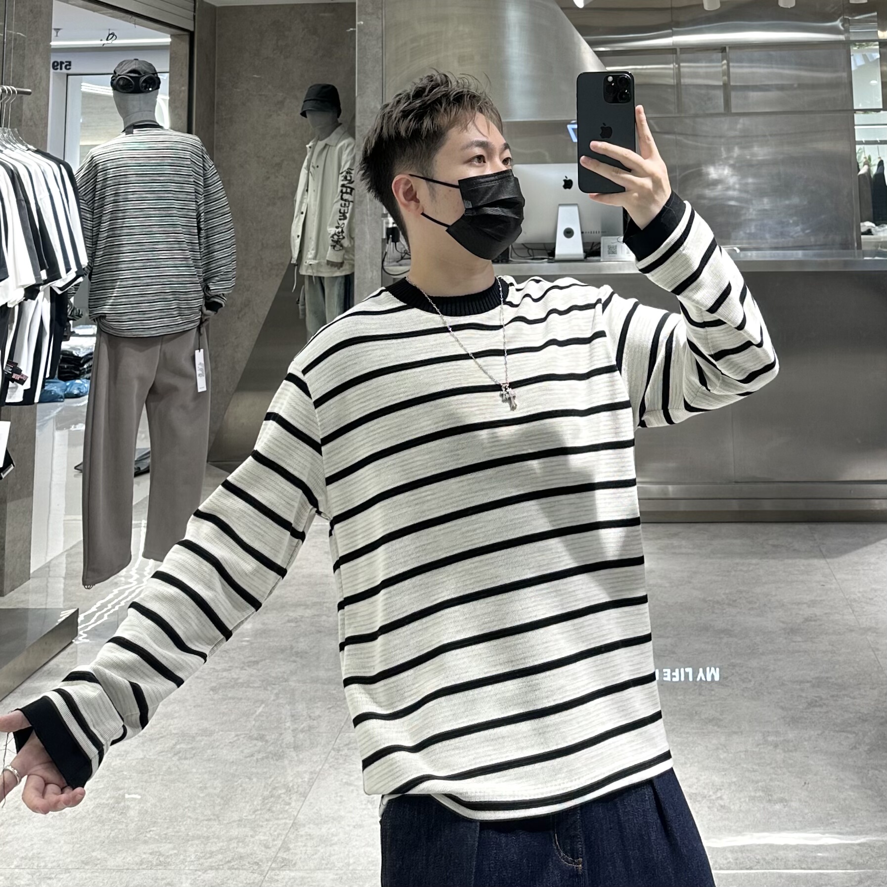 潮牌秋季长袖T恤男ins日系条纹撞色宽松青年帅气内搭卫衣t潮