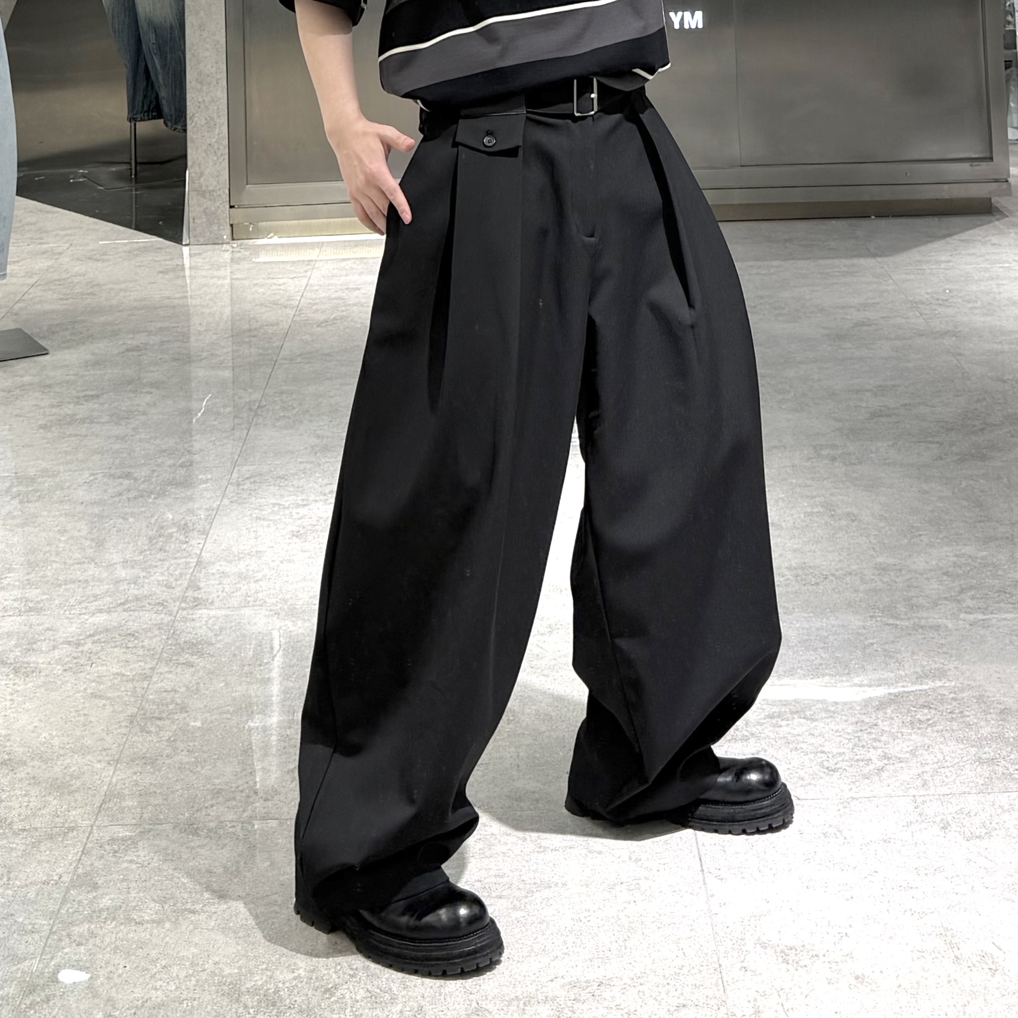 潮牌春季直筒西裤男ins韩版纯色结构宽松腰带青年帅气垂感阔腿裤