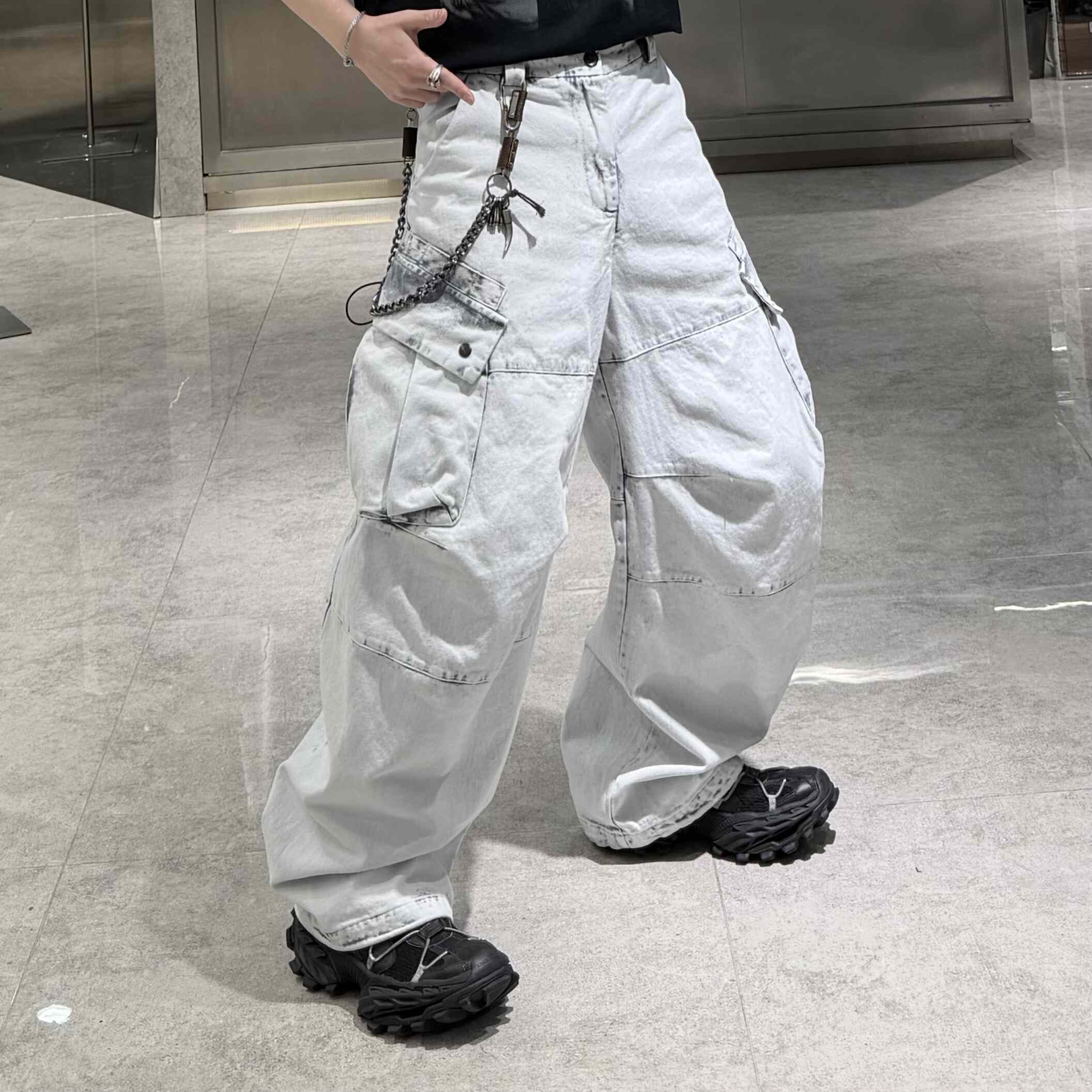 潮牌26重磅牛仔直筒裤男美式复古水洗工装口袋嘻哈痞帅弯刀阔腿裤