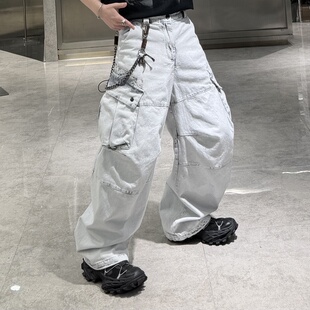 潮牌26重磅牛仔直筒裤男美式复古水洗工装口袋嘻哈痞帅弯刀阔腿裤