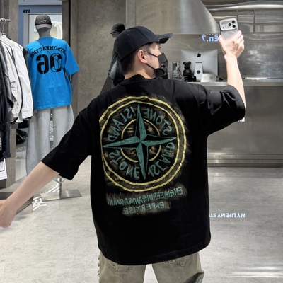 潮牌夏季重磅短袖T恤男ins美式个性手绘字母涂鸦宽松青年情侣半袖