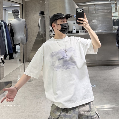 潮牌26春夏重磅短袖T恤男ins美式手绘涂鸦宽松青年情侣落肩半袖t