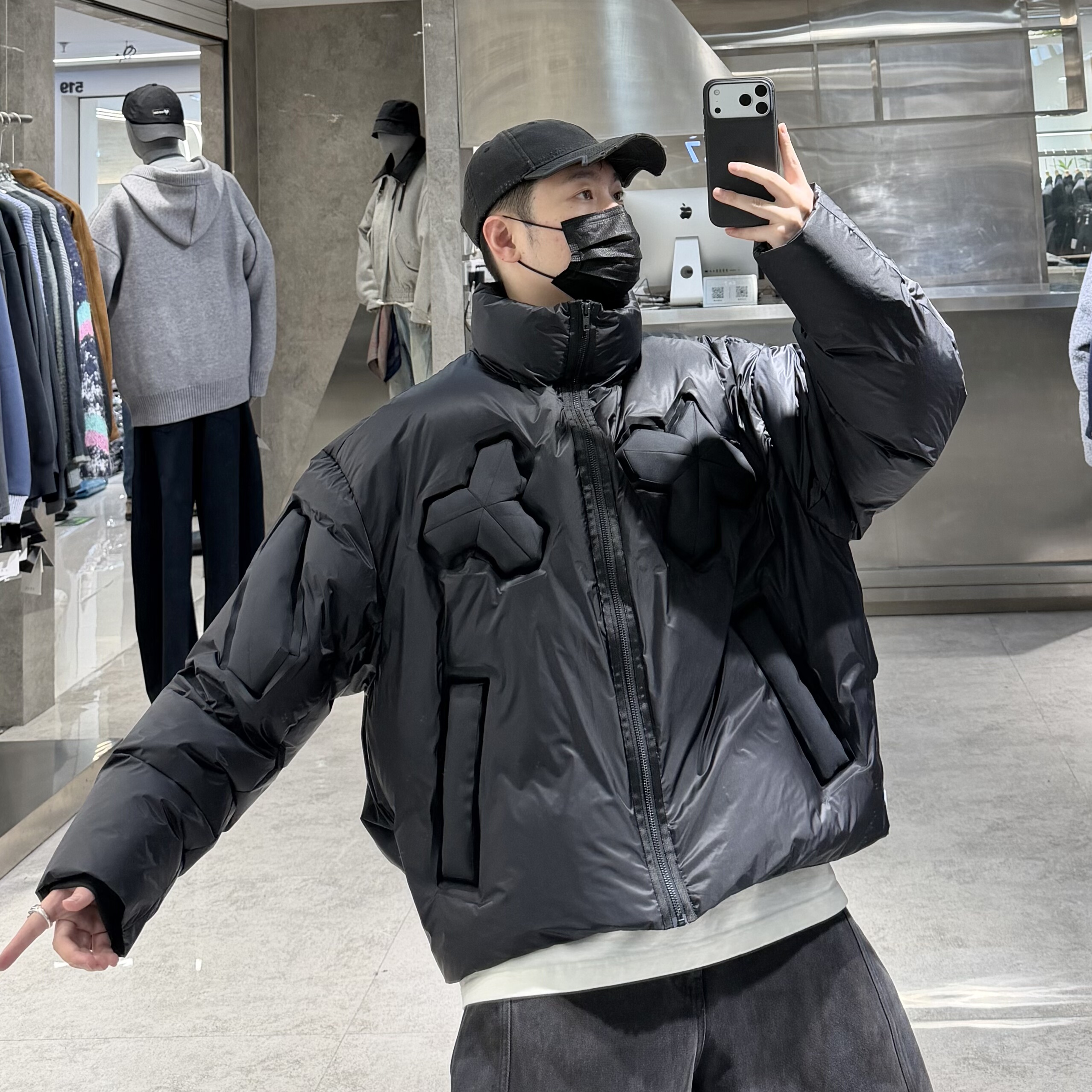 潮牌冬季立领鹅绒服男高级感立体几何图压宽松青年保暖鹅绒面包服